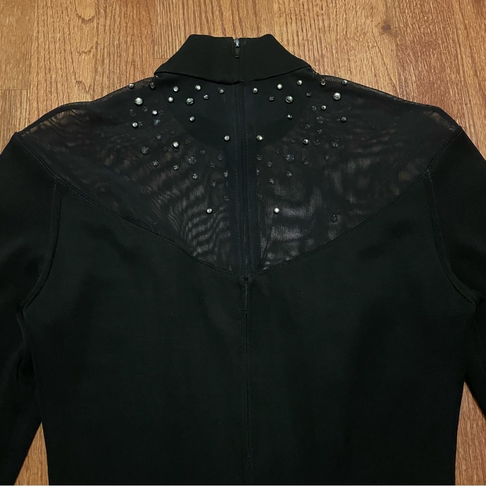 Tadashi Black Long Sleeve Rhinestone Embellished Mesh Thong Bodysuit size M - Picture 9 of 14